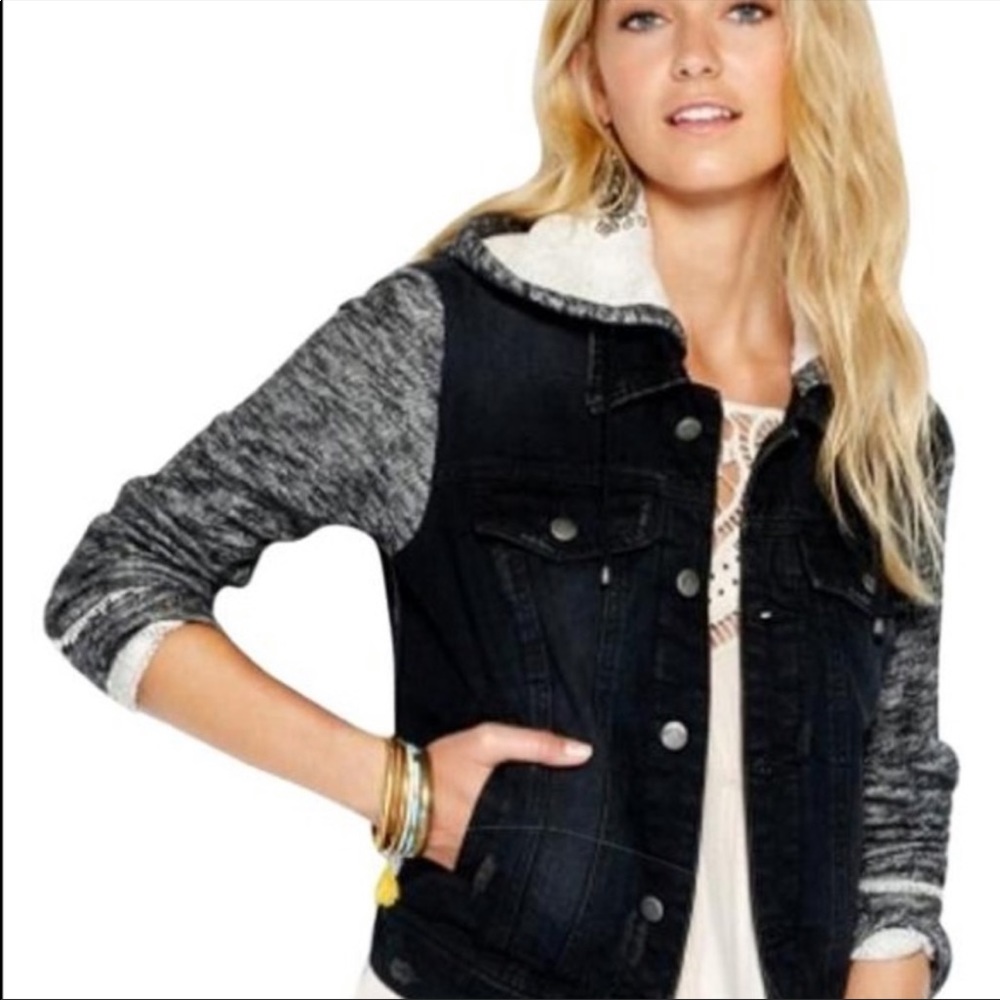 Free People Knit Hooded Denim Jacket Small